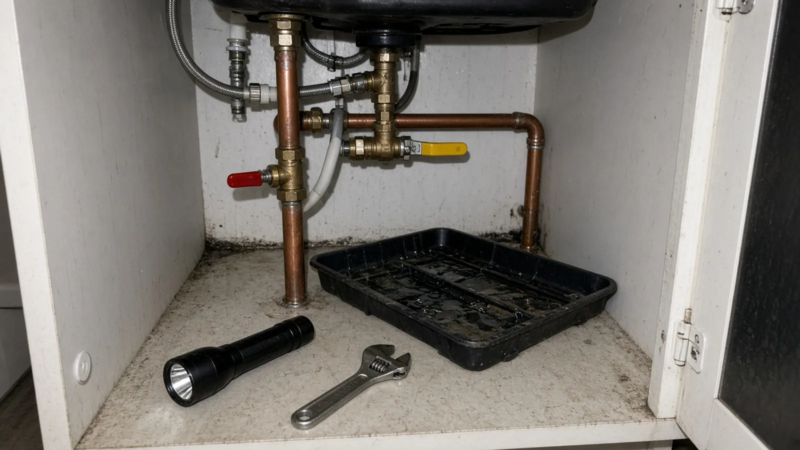 Under-sink PEX and copper pipes with a flashlight and wrench