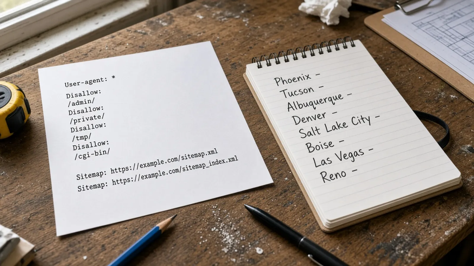 Printed robots.txt notes and a city list on a contractor desk