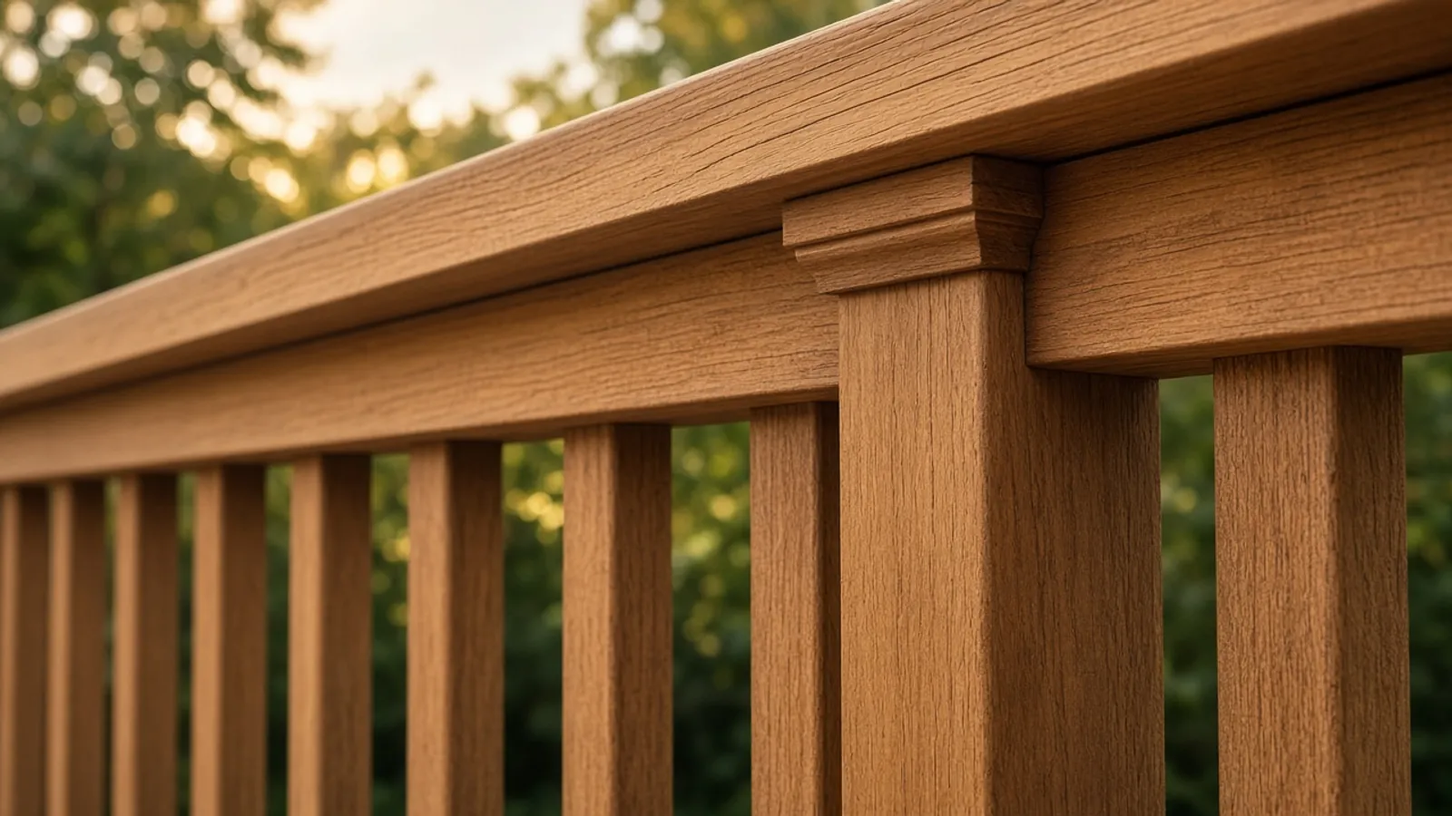 Finished wood deck railing and balusters in evening light