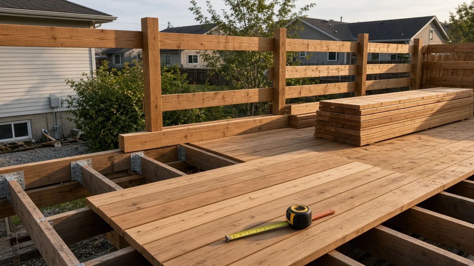 Cedar deck boards, joist hangers, tape measure, and carpenter pencil on a job in progress