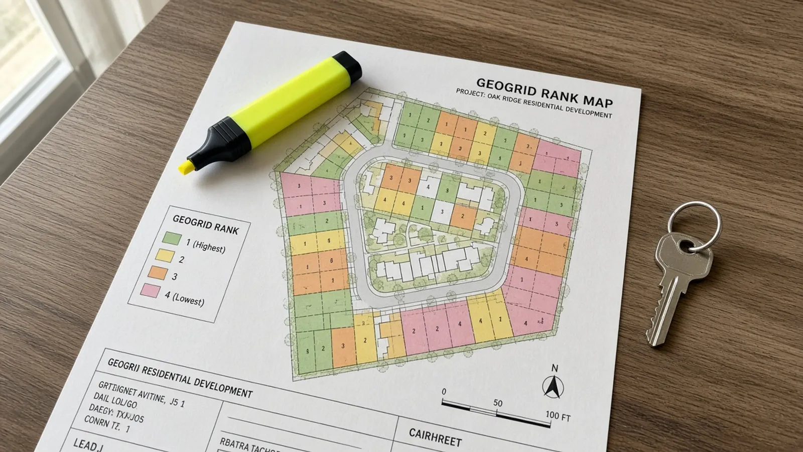 Printed geogrid rank map on a table with a highlighter