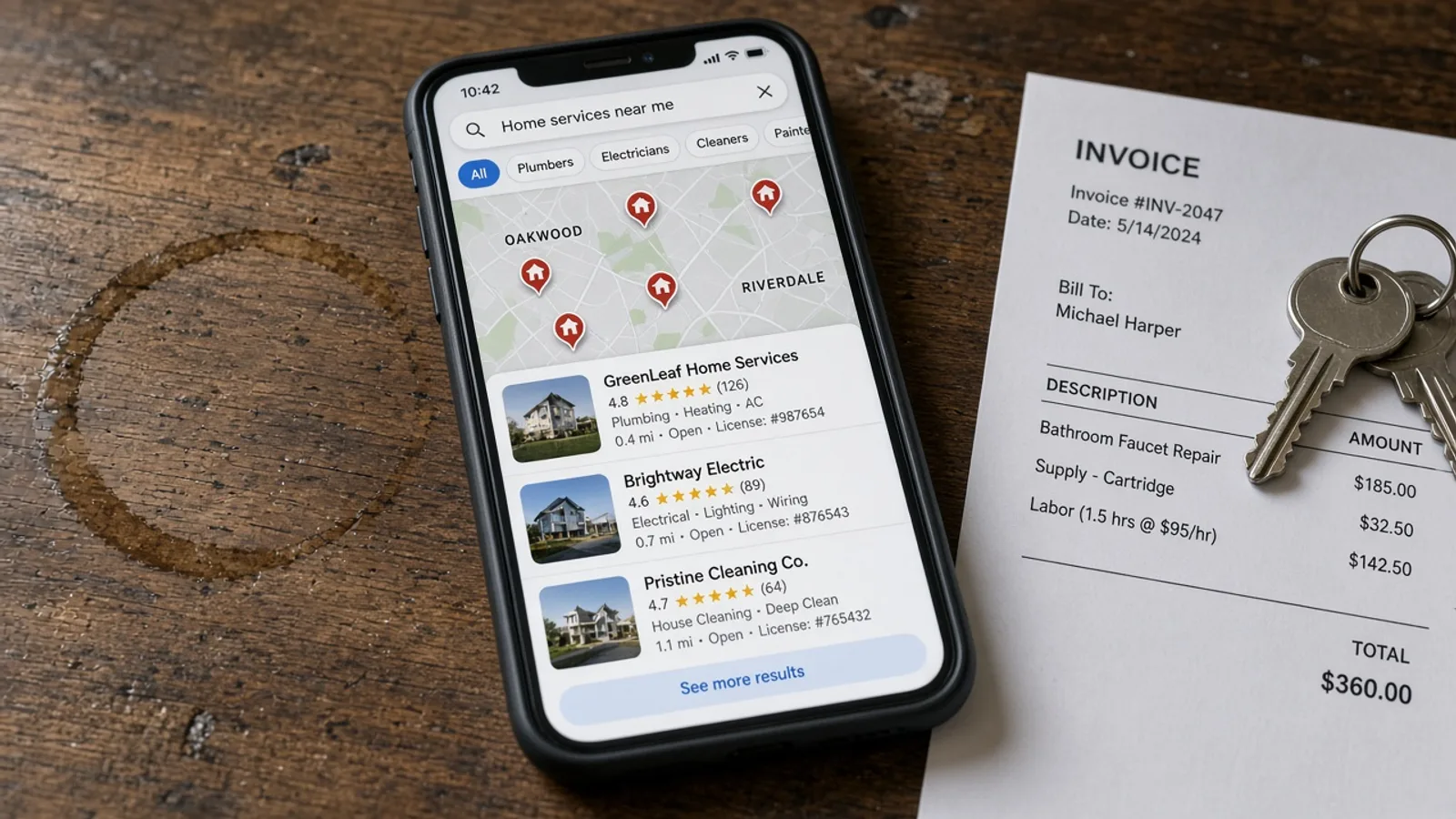 Phone showing a mock map search for home services, next to a sample invoice. The businesses on the screen are not clients.