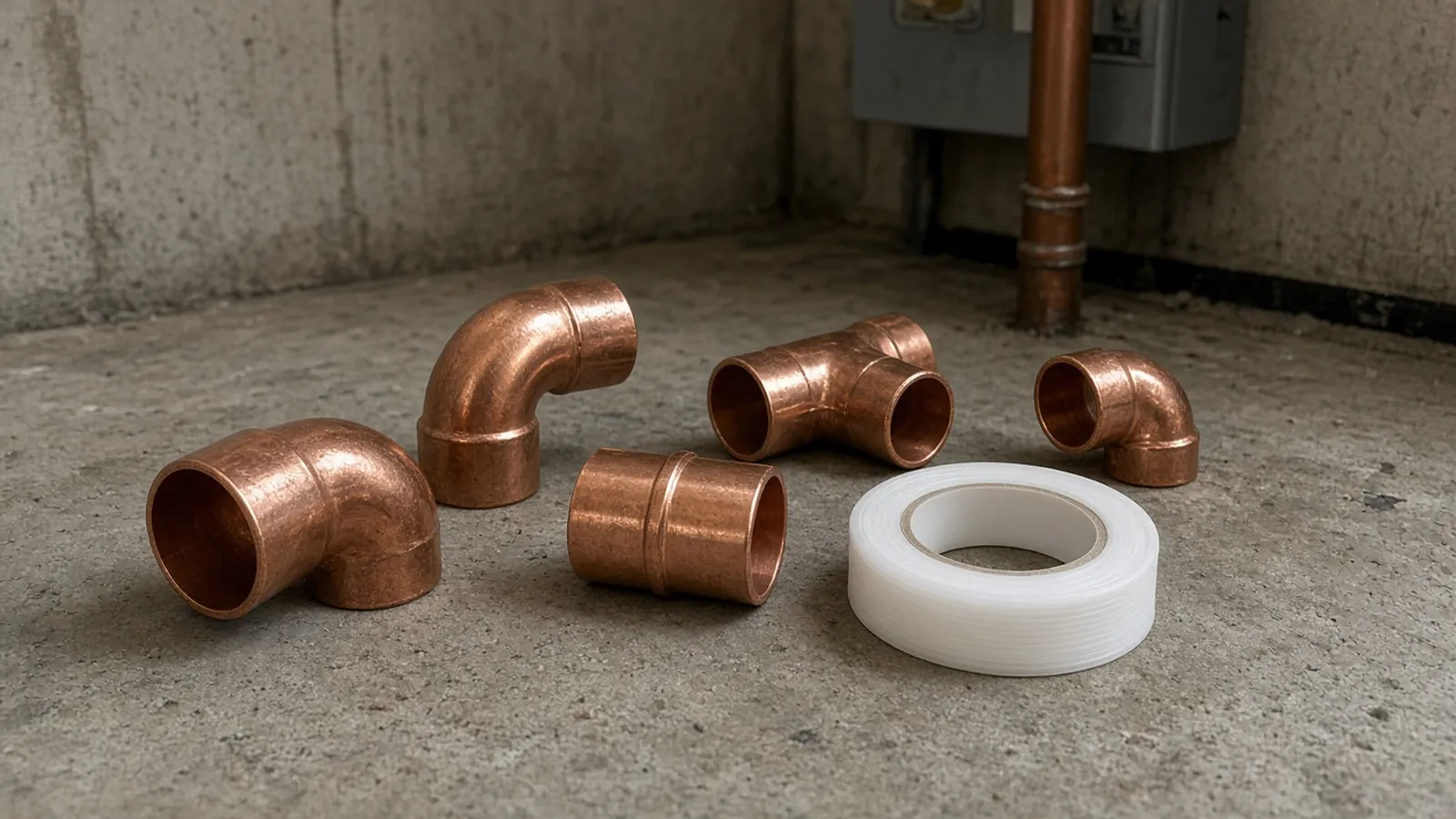 Copper pipe fittings and PTFE tape on a concrete floor