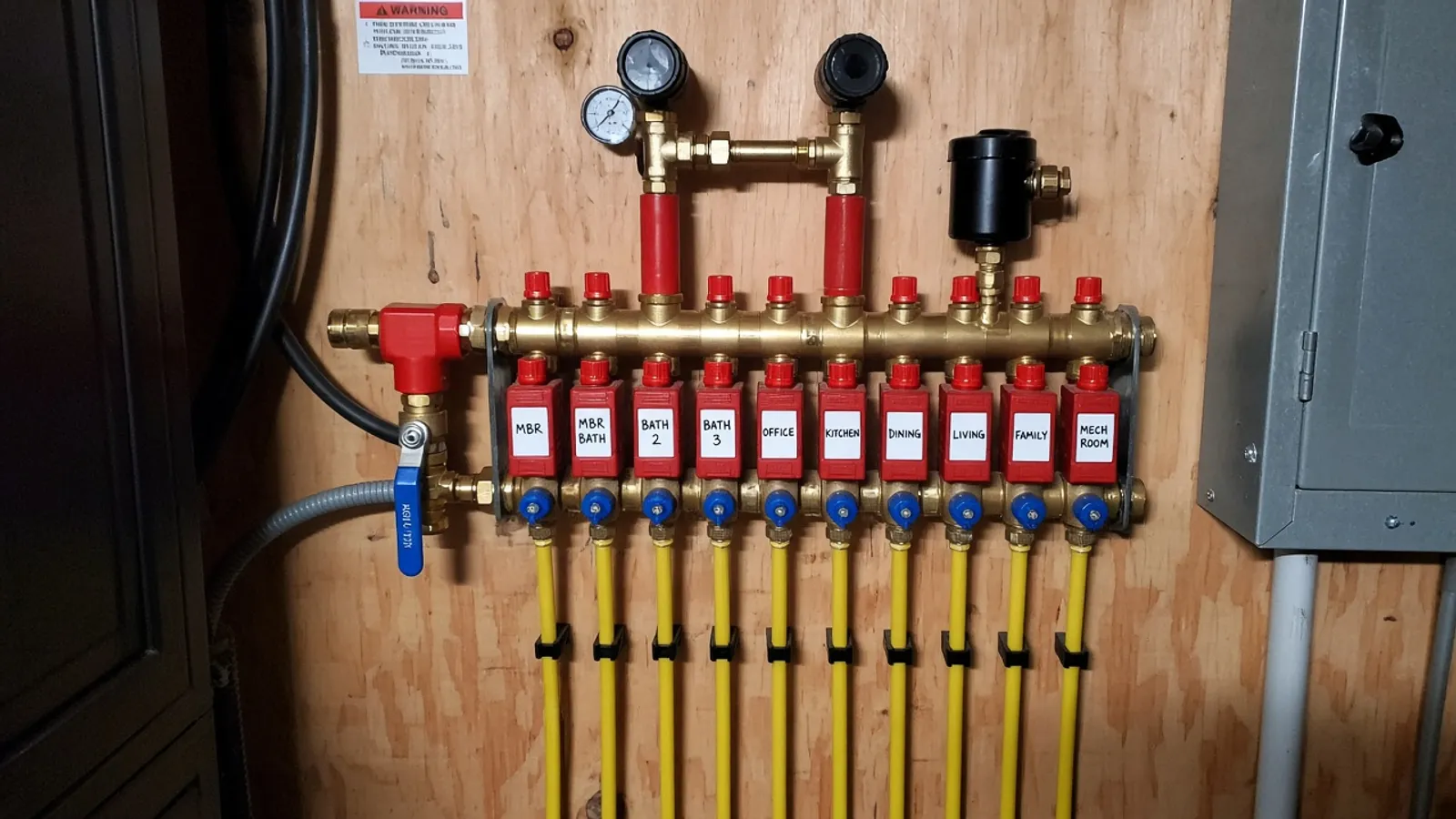 PEX manifold with labeled valves in a utility closet