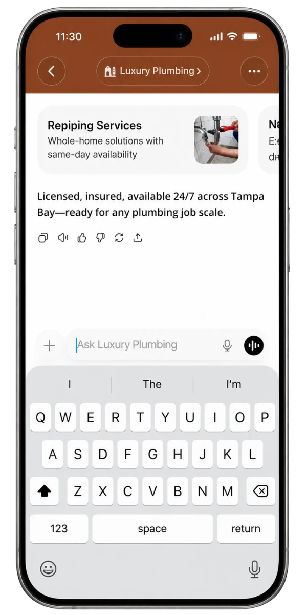 AI search experience showing a local plumbing business and its services inside a phone