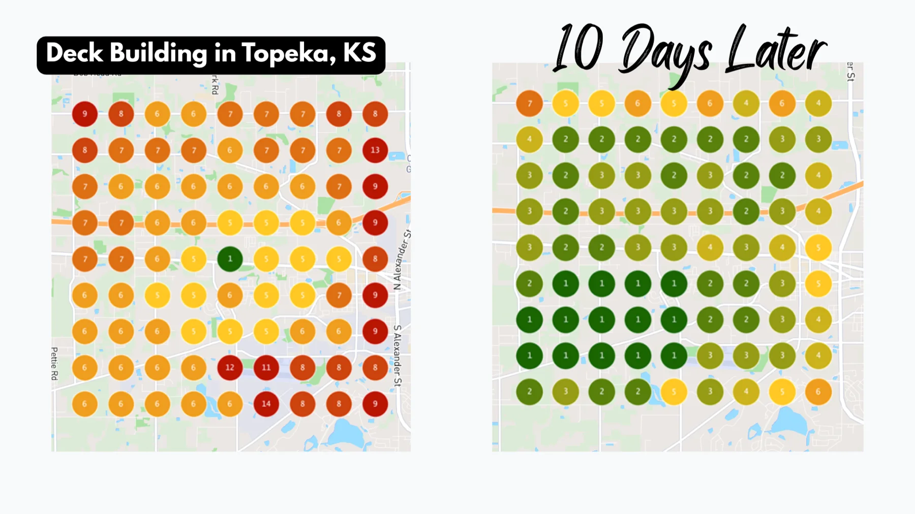 Real 10-day boost result: deck-building rankings across Topeka, KS at kickoff and 10 days later