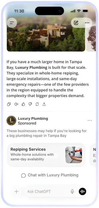 A ServiceLine Pro client appearing as a sponsored answer inside a ChatGPT response