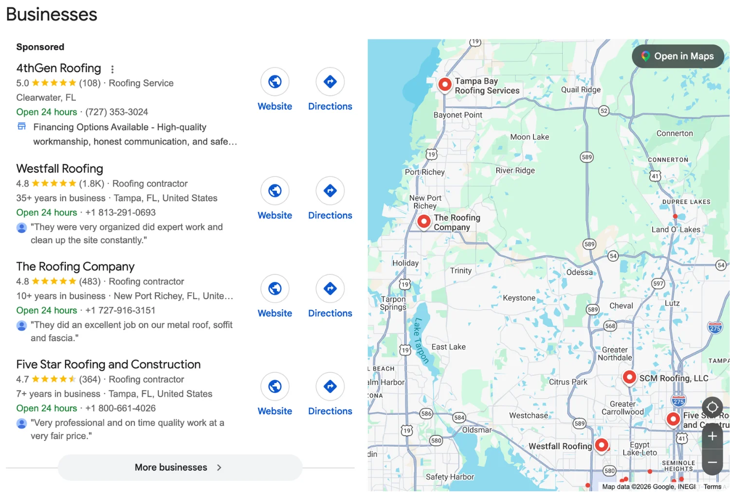 A Google search results page showing the local businesses panel