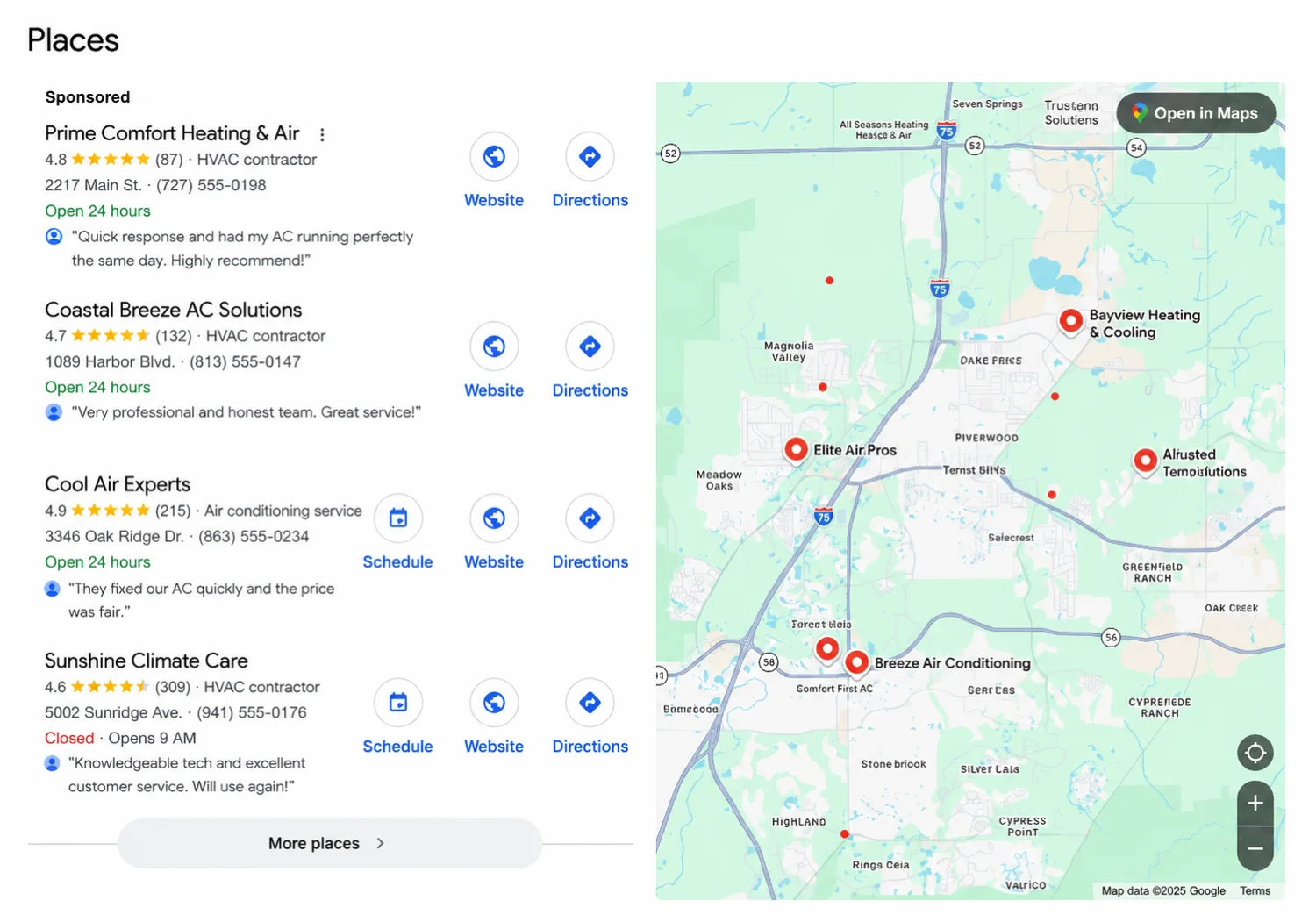 Google Places results for an HVAC search: ranked businesses with reviews on the left, map with pins on the right