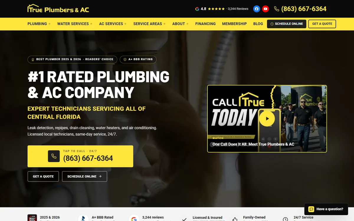 A plumbing and AC website we built, on a desktop screen