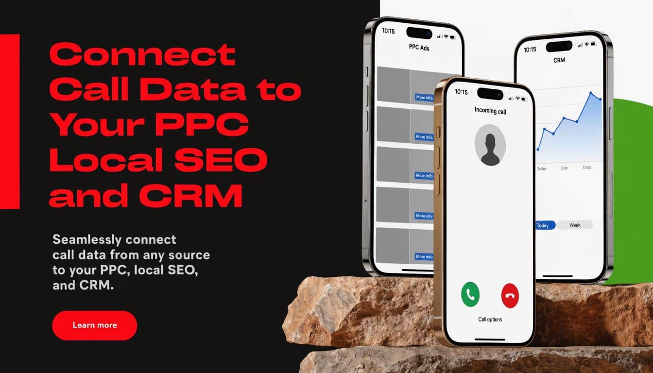 A digital marketing graphic promoting a tool that connects incoming phone call data to CRM, PPC, and SEO.