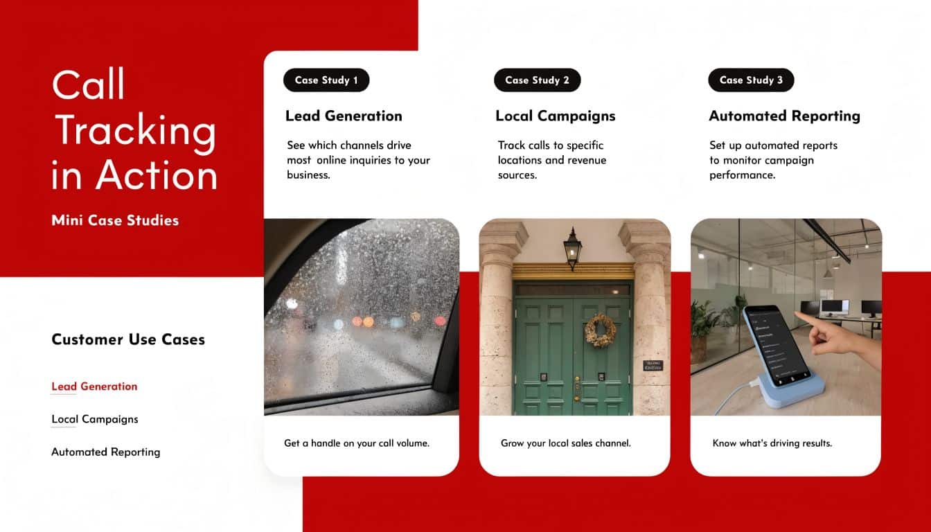 A slide presenting three mini case studies on call tracking for lead generation, local campaigns, and reporting.