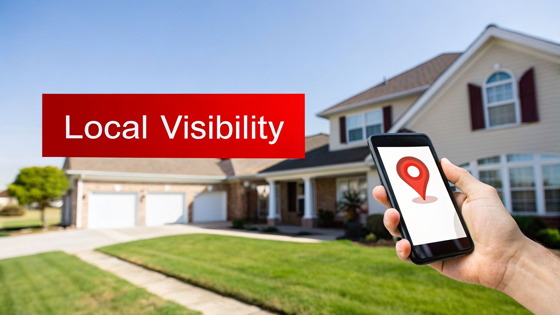 A hand holds a smartphone displaying a location pin icon, with a blurred house and 'Local Visibility' text.