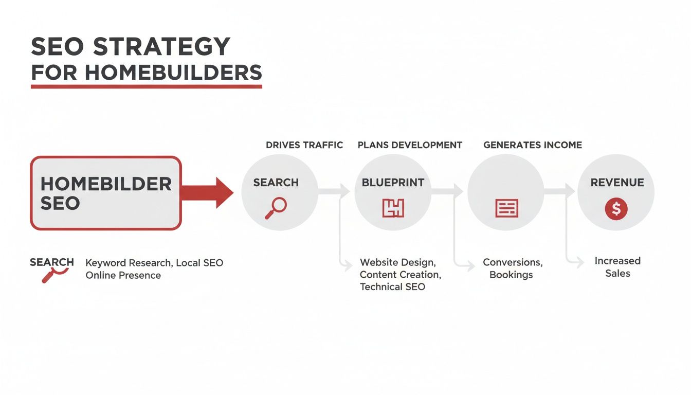 Flowchart illustrating an SEO strategy for homebuilders, detailing steps from search to revenue generation.