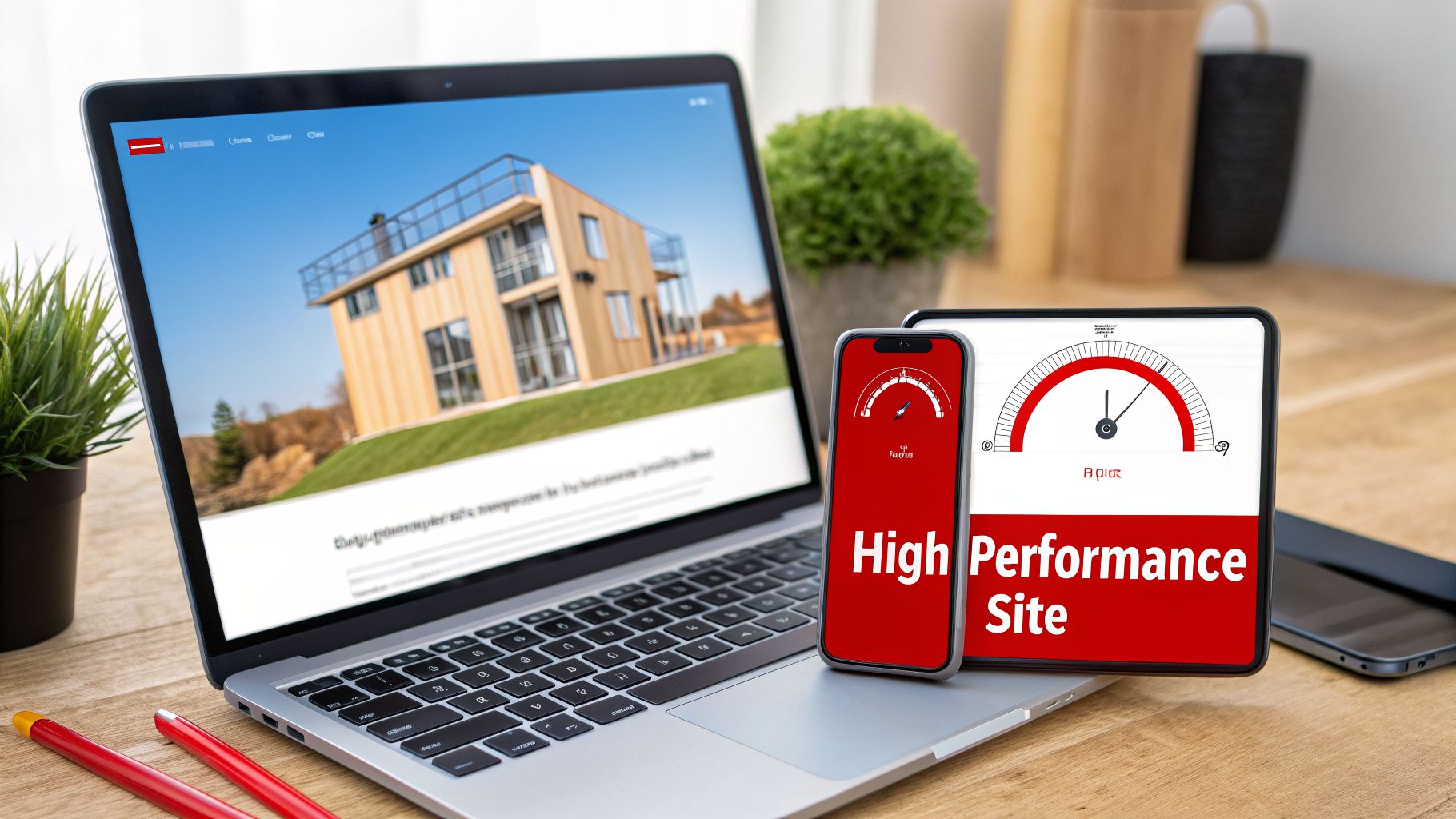 Devices display a modern house website and performance gauges indicating a 'High Performance Site'.
